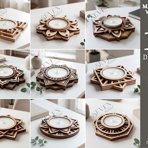 Puede incluir: Una colección de diez portavelas de madera con diversos diseños geométricos y florales. Cada soporte tiene un espacio circular para una vela. El grosor del material es de 3 mm. La imagen también incluye el texto "10 DESIGNS SVG PNG DXF EPS PDF JPG".