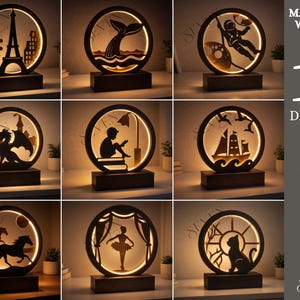 May include: A set of ten wooden night lights, each featuring a circular design with a warm glow. Designs include an astronaut, Eiffel Tower, whale tail, dragon, and a cat. The lights are mounted on rectangular bases.