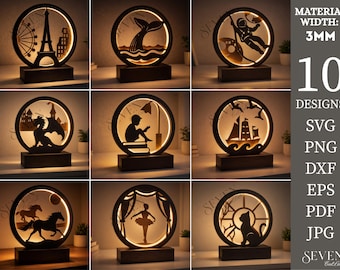 10 LED Night Lamp SVG Bundle, Laser Cut Lamp Files, Glowforge LED Lamp Svg, Cnc Wood Night Light dxf, Bedroom Decor svg
