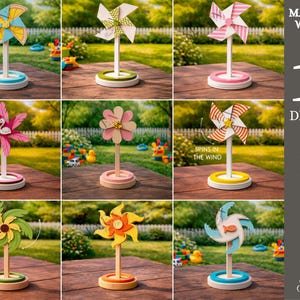 May include: A collection of ten colorful wooden pinwheel designs, each with a unique blade pattern and color scheme. The pinwheels are mounted on wooden stands with circular bases. The image includes the text "MATERIAL WIDTH: 3MM" and "10 DESIGNS".