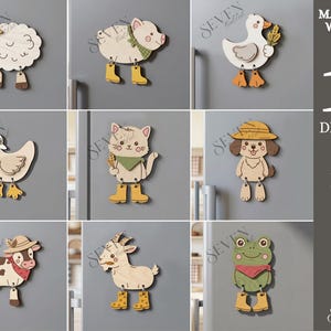 May include: A collection of 10 wooden animal magnets featuring a sheep, pig, duck, chicken, cat, dog, cow, goat, and frog. Each figure is 3mm thick and includes accessories like hats, scarves, and yellow boots. Text includes MATERIAL WIDTH: 3MM, 10 DESIGNS, SVG, PNG, DXF, EPS, PDF, JPG, and SEVEN CutLab.