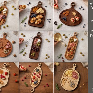 Op de afbeelding: Een verzameling van tien houten serveerplanken in verschillende vormen en ontwerpen. De planken worden getoond met hapjes zoals olijven, kaas en crackers. De afbeelding bevat de tekst "MATERIAL WIDTH: 3MM" en "10 DESIGNS".