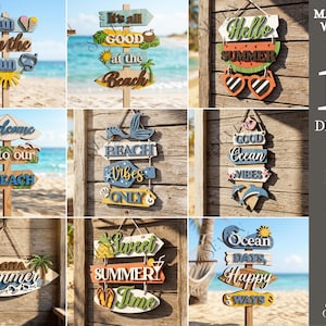 10 sommarstrandskylt SVG-paket, lager på lager stranddörrhängare SVG, kustvälkomstskylt laserskurna filer