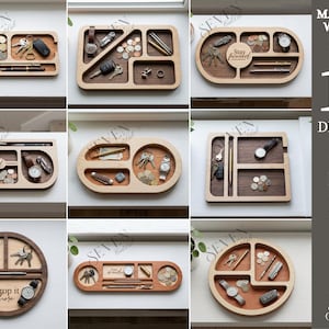 Peut inclure: Dix plateaux organisateurs en bois de différentes formes, dont des modèles rectangulaires, ovales et circulaires. Chaque plateau comporte des compartiments pour des objets tels que des clés, des montres, des stylos et des pièces de monnaie. Le texte "Drop it here" est visible. Largeur du matériau : 3 mm.