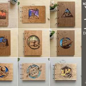 May include: A collection of ten wooden notebooks with various designs, including a plane over a city, a person on a planet, a mountain scene, a cabin in the woods, a fox, a sailboat, a moon and clouds, two fish, and a bee. The material width is 3mm.