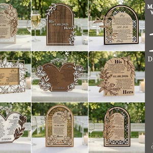 May include: A collection of ten laser-cut wooden wedding vow signs featuring floral motifs, arched and heart shapes, and text including 'His', 'Hers', and '01.08.2026'. The digital files are provided in SVG, PNG, DXF, EPS, PDF, and JPG formats with a 3mm material width.