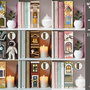 May include: A collection of ten decorative wooden bookmarks, each with a unique design, including doors, houses, and architectural elements. The bookmarks are displayed on a shelf with books, candles, and small plants. The text "MATERIAL WIDTH: 3MM" and "10 DESIGNS" is visible.