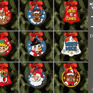 May include: A collection of 10 digital Christmas ornament designs including a gingerbread man, reindeer, Santa, elf, snowman, bear, and bells with text reading Santa Is Coming, Winter Magic, and Ho Ho Ho, available in SVG, PNG, DXF, EPS, PDF, and JPG formats.
