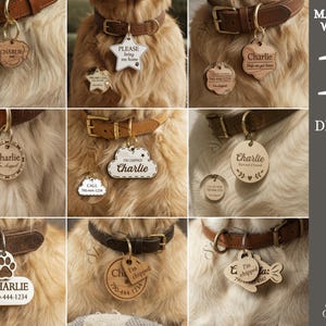 Puede incluir: Una colección de diez placas de identificación de madera para mascotas en varias formas, incluyendo estrellas, círculos, nubes y huellas, unidas a collares de cuero marrón. Cada placa presenta texto grabado con nombres y números de teléfono.