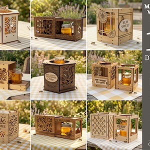 Può includere: Una collezione di dieci modelli di lanterne in legno, ciascuno con intricati motivi traforati e contenente un barattolo di miele. Alcune lanterne presentano testo come "Stay Sweet". Lo spessore del materiale è di 3 mm.