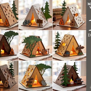 May include: A collection of ten laser-cut wooden tent-shaped tea light holders featuring various outdoor themes like trees, campfires, guitars, and hiking signs. The material width is 3mm. The set includes digital files in SVG, PNG, DXF, EPS, PDF, and JPG formats.