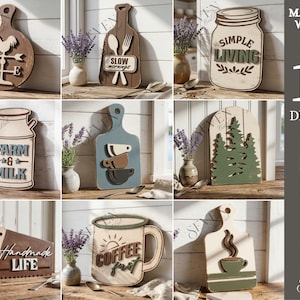 Puede incluir: Una colección de diez diseños de madera, que incluyen una tabla de cortar con un gallo y una veleta, un tarro con "Simple Living" y una taza de café con "Coffee First". El ancho del material es de 3 mm.