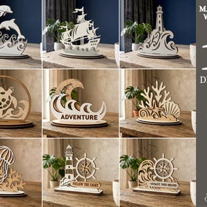 Könnte beinhalten: Eine Sammlung von 10 lasergeschnittenen nautischen Holzmotiven, darunter Delfine, ein Schiff, Leuchttürme, eine Meeresschildkröte, Korallen, eine Qualle und Steuerräder. Materialstärke 3mm, inklusive SVG, PNG, DXF, EPS, PDF und JPG Dateien.