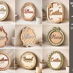 Puede incluir: Una colección de diez placas de nombres de madera en varias formas, incluyendo ovaladas, redondas y festoneadas. Cada placa presenta un nombre, como "Caitlin" o "Jonathan", en una fuente decorativa. El ancho del material es de 3 mm.