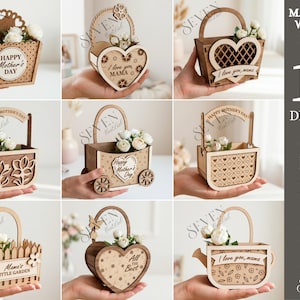 Puede incluir: Una colección de diez diseños de madera cortados con láser, incluyendo cestas y contenedores decorativos, perfectos para el Día de la Madre. Cada diseño presenta detalles intrincados, acentos florales y texto como "Happy Mother's Day".