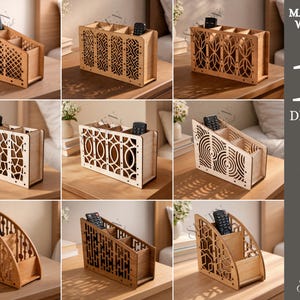 May include: Ten wooden remote control organisers, each with a unique decorative cutout design. The organisers are light brown and feature multiple compartments for storage. The image also displays the material width as 3mm.