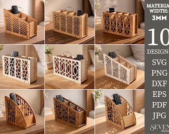 May include: A collection of ten wooden remote control organizers, each with a unique decorative cutout design. The organizers are light brown and feature multiple compartments for storage. The image also displays the material width as 3mm.