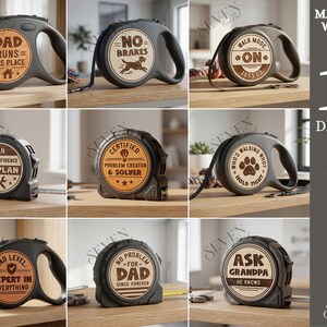 May include: A collection of ten retractable dog leashes with various engraved designs. The leashes are black with wooden accents, featuring phrases like "Dad Runs This Place" and "No Brakes." The image also includes text indicating the material width is 3mm and the available file formats.