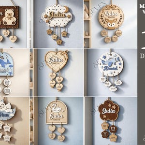 May include: A collection of wooden baby name signs in diverse designs, such as a bear, cloud, fox, whale, airplane, heart, moon, swan, and flower. Each sign displays a name, birth details, and decorative elements. The signs are crafted from 3mm thick material.