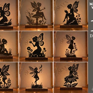 Op de afbeelding: Een collectie van 10 zwarte fee-silhouetontwerpen met diverse houdingen met bloemen, paddenstoelen en manen. De digitale bestanden bevatten SVG, PNG, DXF, EPS, PDF en JPG-formaten met een materiaaldikte van 3mm voor lasersnijprojecten.