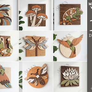 Può includere: Nove opere d'arte da parete in legno con vari disegni, tra cui un uccello, funghi, una lucertola, un pavone, una libellula, un colibrì, un pappagallo, un'ape e un fiore. Lo spessore del materiale è di 3 mm. L'immagine elenca anche 10 design disponibili in SVG, PNG, DXF, EPS, PDF e JPG.