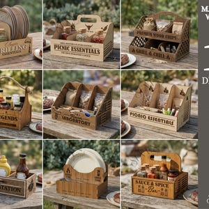 May include: A selection of laser-cut wooden organizers for barbecue and picnic items. Designs include serving stations, spice racks, and containers with text like "Grilling Essentials" and "Picnic Essentials". The material width is 3mm.