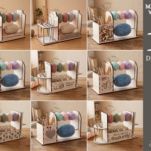 May include: A wooden yarn organizer with multiple compartments for storing yarn, knitting needles, and other craft supplies. The organizer has a spool holder for yarn and a section for needles and scissors. The text "Is where my soul connects" is visible on the front.