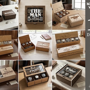 May include: A collection of wooden watch display boxes, some open to reveal watches. Designs include "BOSS", "THE MAN", and "A ROYAL STANDARD". The image also shows the text "MATERIAL WIDTH: 3MM" and "10 DESIGNS".