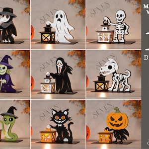 May include: A collection of 10 digital file designs featuring Halloween characters including a plague doctor, ghost, skeleton, witch, masked figure, dog skeleton, snake, cat, and pumpkin, each holding a lantern, with a material width of 3mm.