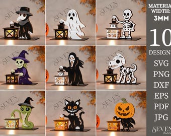Halloween-lykta laserskurna filer, 10 kusliga karaktärsnattlampsdesigner för Glowforge, spöklyktdekor SVG, trä DXF-fil