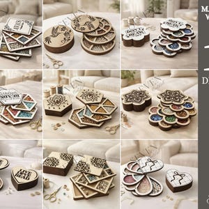 May include: A collection of wooden bead storage boxes in various shapes, including round, hexagonal, and heart-shaped. Each box features a laser-cut design and contains colorful beads. The image also displays text that says "AVA'S", "BEADS", and "LIVE LOVE BEAD".
