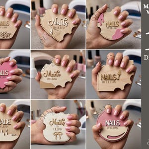 May include: Ten wooden nail art designs are displayed, each held in a hand. The designs include the words "NAILS" and "MADE" with the name "LILLIAN". The material width is 3mm. Available in SVG, PNG, DXF, EPS, PDF, and JPG formats.