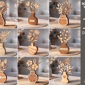 Könnte beinhalten: Eine Sammlung von zehn Holzvasen-Designs, jedes mit einem einzigartigen Blumenarrangement. Die Vasen sind aus hellem Holz gefertigt und 3 mm dick. Das Bild zeigt auch die verfügbaren Dateiformate: SVG, PNG, DXF, EPS, PDF und JPG.