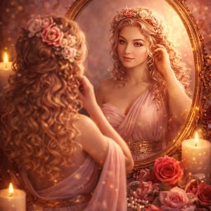 May include: An artistic illustration of a woman in a pink dress looking in a gold ornate mirror. The image includes candles, roses, and the text "NEW SPELL!" and "Self-Love Invocation". The woman is wearing a floral crown.