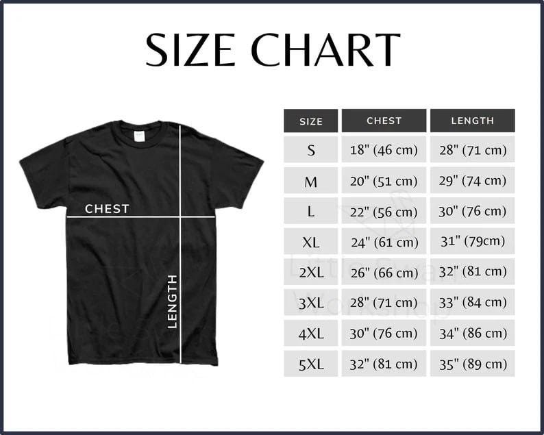 May include: Black t-shirt with a size chart. The chart displays chest and length measurements in inches and centimetres for sizes S through 5XL. The text "SIZE CHART" is at the top.