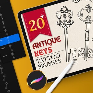 Antieke sleutelstempels voor voortplanting, Vinatge Keys-tatoeageborstels, sleutelsjablonen voor tatoeëerder en illustratoren (digitale download)