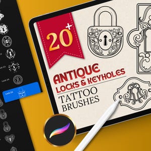 Antieke slotstempels voor voortplanting, vinatge sleutelgaten tattooborstels, hartslotsjablonen, tatoeëerder en illustratoren (digitale download)