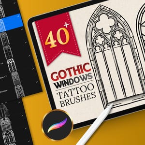 Pinceles de vidrieras góticas para Procreate, sellos para vidrieras de iglesias, arcos de catedrales, vidrieras góticas de catedrales, vidrieras de iglesias góticas, tatuajes góticos.