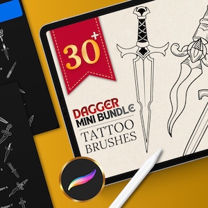 May include: Digital art bundle featuring dagger designs. The image shows a tablet displaying three dagger illustrations, with additional dagger sketches on a black background. The text reads "DAGGER MINI BUNDLE TATTOO BRUSHES" and "30+". A stylus and a Procreate logo are also visible.