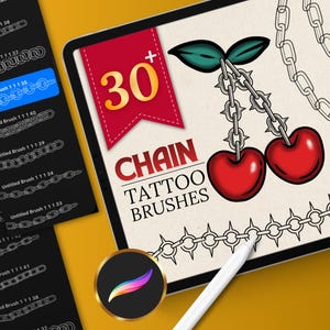 Puede incluir: Un conjunto de arte digital con pinceles de tatuaje de cadena. La imagen muestra una tableta con una pancarta roja que dice "30+" y las palabras "CHAIN TATTOO BRUSHES". También hay vistas previas de pinceles de cadena y un lápiz óptico.