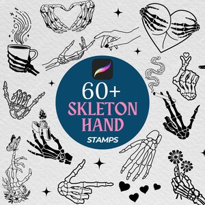 Más de 60 plantillas de tatuajes de manos de esqueleto, sellos de tatuajes del viernes 13 para Procreate, diseños de tatuajes de Halloween, tatuaje de dedo medio de esqueleto