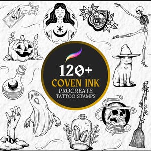 Puede incluir: Una colección de ilustraciones digitales en blanco y negro con temas ocultos y místicos, que incluyen un esqueleto, un gato con sombrero de bruja, un fantasma, una calabaza, una linterna, una calavera, una escoba y cristales, con el texto 120+ COVEN INK PROCREATE TATTOO STAMPS.