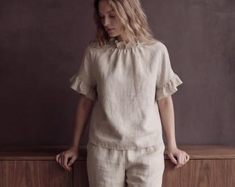 Linen Ruffle Sleeve Top with High Frill Neck, Handmade Date Party Blouse