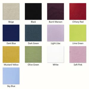 May include: A selection of fabric swatches in a range of colours. The palette includes beige, black, burnt maroon, cherry red, dark blue, dark green, light lilac, lime green, mustard yellow, olive green, white, soft pink, and sky blue.