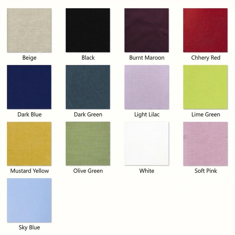May include: A selection of fabric swatches in a range of colours. The palette includes beige, black, burnt maroon, cherry red, dark blue, dark green, light lilac, lime green, mustard yellow, olive green, white, soft pink, and sky blue.