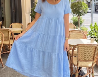 blue summer short dress Entro Floral Print Tiered Midi Dress in Blue S
