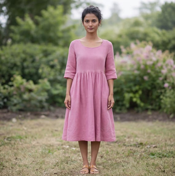empire waist summer dress with sleeves Linen Midi Half Sleeves, Handmade Dress With Pockets midi casual empire waist dress Kaximil Women's Sexy Halter ebay2107 Care * Hand wash Color:CELERY
