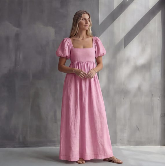 Linen Puff Sleeve Maxi Dress, Short Empire Waist Dress, Cottagecore Wedding Gown