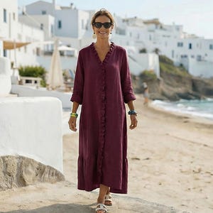 Ruffled Front Linen Maxi Dress with Full Sleeves, Ankle-length Flowy V-Neck Maxi Dress, Elegant Long Dress, Best Summer Dress