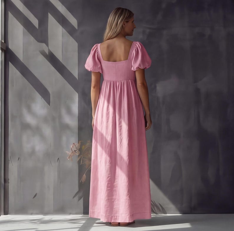 Linen Puff Sleeve Maxi Dress, Short Empire Waist Dress, Cottagecore Wedding Gown image 2
